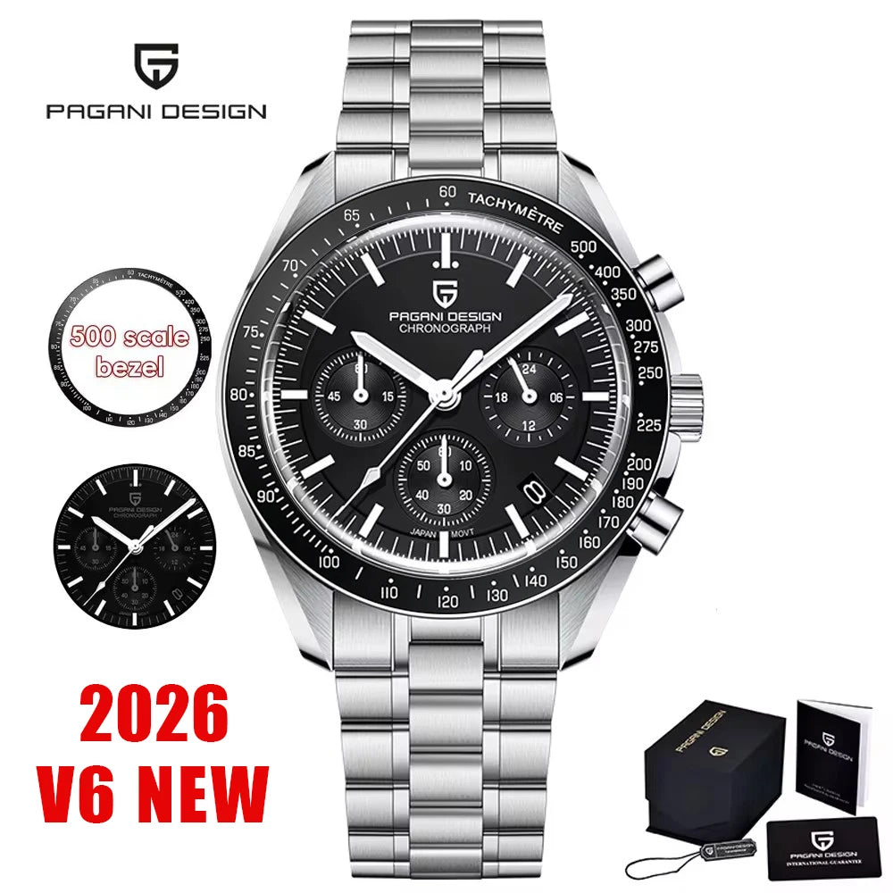 2026 Nuevo Reloj para Hombre PAGANI DESIGN Moon V6 Reloj de Cuarzo de Lujo para Hombre Cronógrafo VK63 Regalo para Hombre Cristal Zafiro Antirreflejante Luminoso