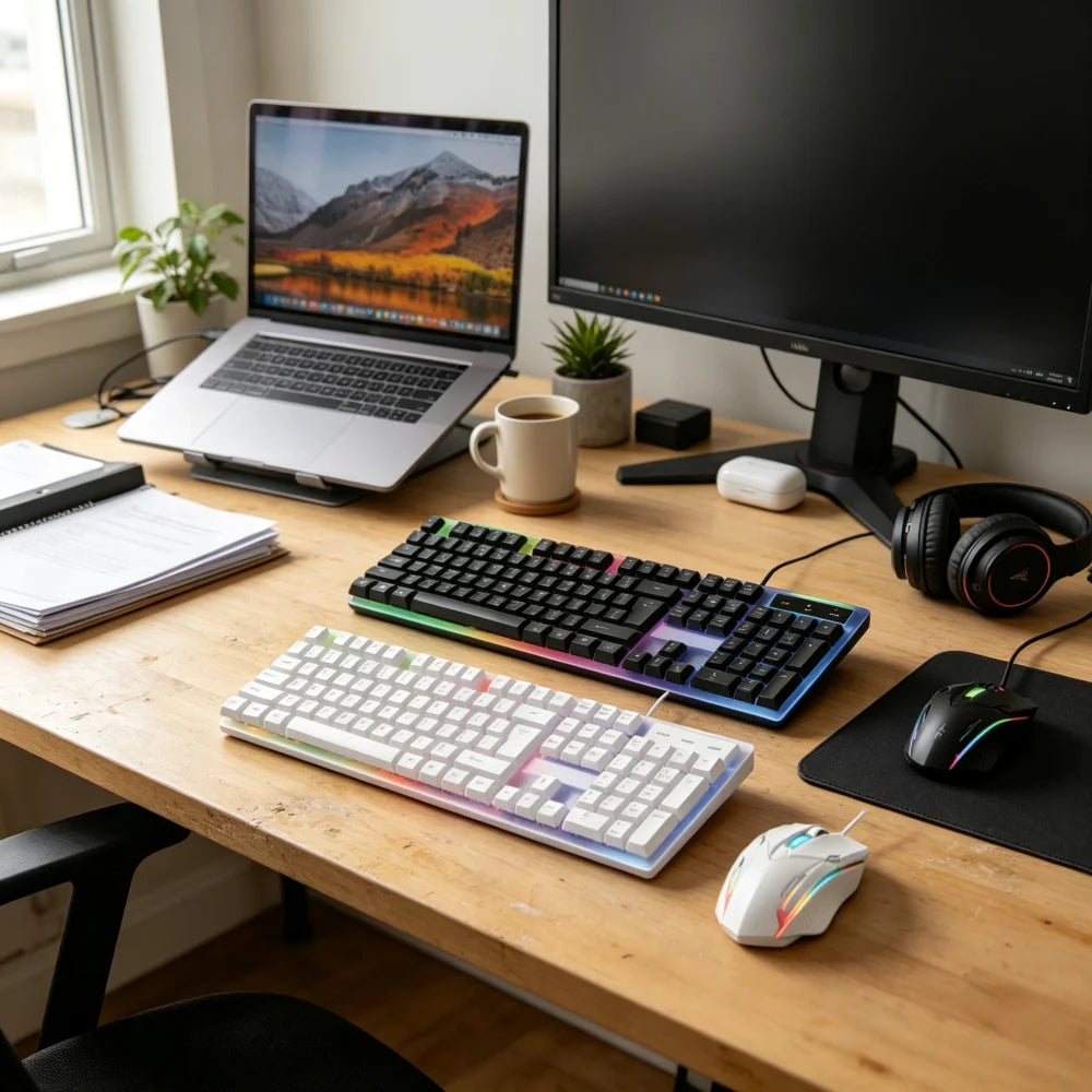 Combo de teclado retroiluminado USB y ratón con cable, kit de teclado mecánico ergonómico y ratón para gaming, accesorios de ordenador plug and play para PC, sobremesa, portátil, hogar y oficina