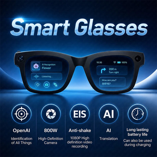 Gafas inteligentes con cámara HD de 800W, reconocimiento y traducción por IA, grabación de vídeo EIS con estabilización, audio Bluetooth, gafas inteligentes para hombre y mujer