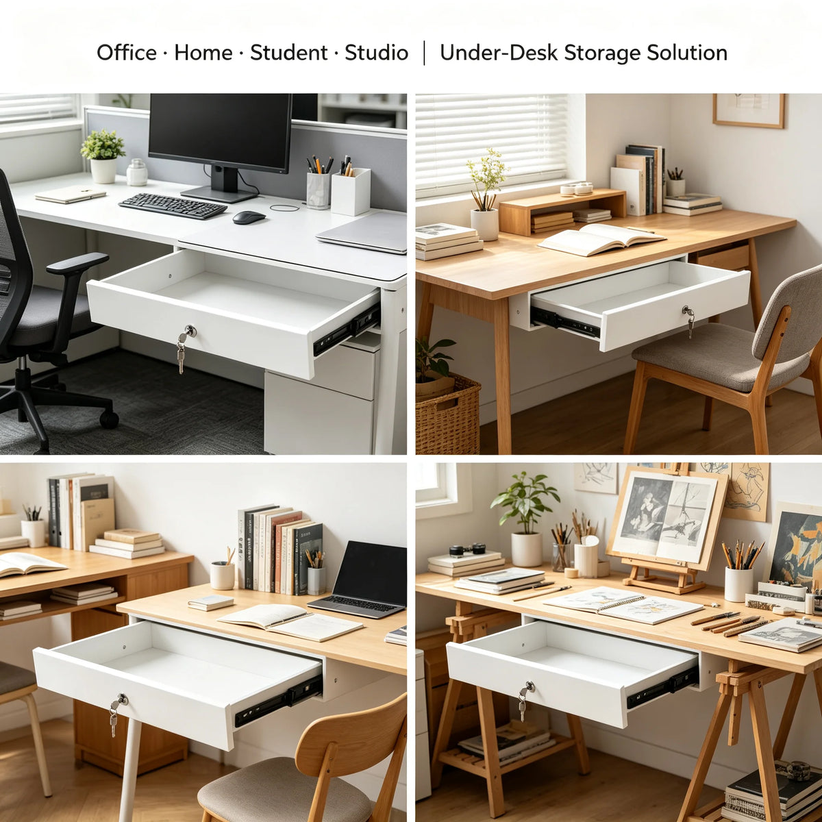 Cajón deslizante con cerradura y soporte para computadora, para colocar debajo del escritorio, organizador de almacenamiento de montaje inferior para escritorios, 18x14x6.9 pulg., blanco