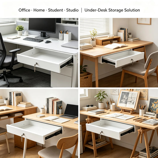 Under Desk Sliding Pull-Out Drawer with Lock & Computer Pad, Under-Mount Storage Organizer for Desks, 18x14x6.9in, White