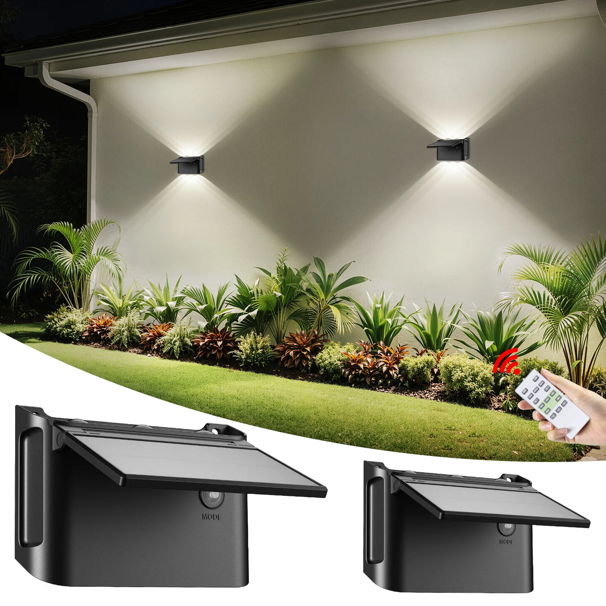intelamp Paquete de 2 luces solares de pared con control remoto, 3 modos de color, IP65 | Iluminación superior/inferior personalizable, lámpara solar impermeable IP65 para paredes exteriores, cercas, patios y entradas