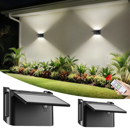 intelamp Paquete de 2 luces solares de pared con control remoto, 3 modos de color, IP65 | Iluminación superior/inferior personalizable, lámpara solar impermeable IP65 para paredes exteriores, cercas, patios y entradas
