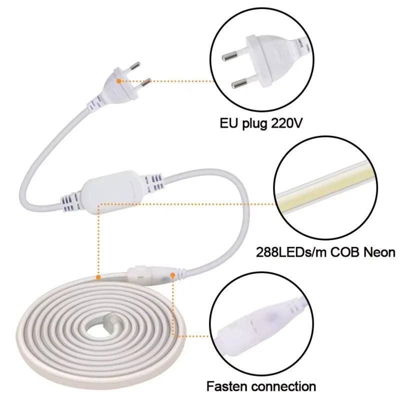 220V COB Led Strip Light 288 Leds/M Super Bright Flexible Tape EU Power Plug Waterproof 1-10M for Outdoor Home Lighting Decor