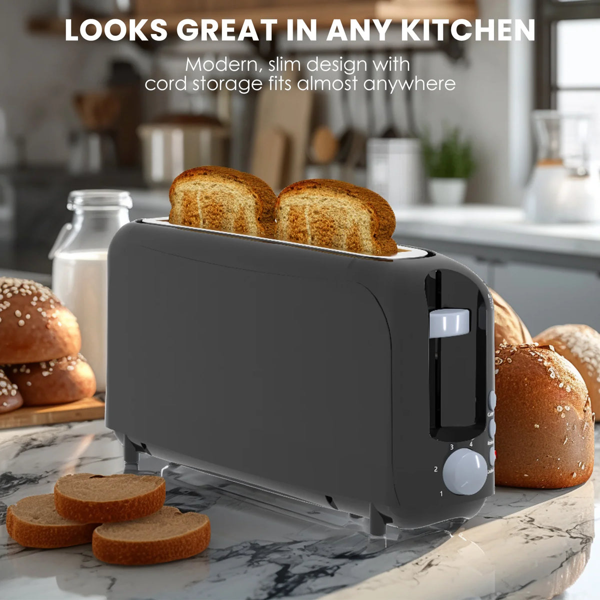 Household Toaster 2 Slice, Fits-anywhere Kitchenware, 6 Setting Shade Control with Cancel & Reheat & Defrost, Removable Crumb Tray, 750 Watt, White, Design Perfect for Toasting Bread, Waffle or Bagel!