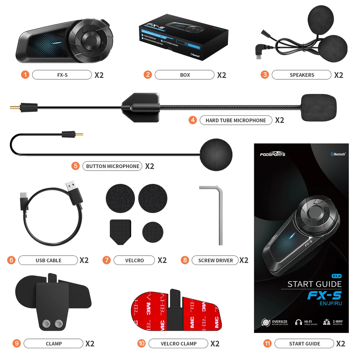 2 unidades Fodsports FX-S Intercomunicador Bluetooth para Casco de Motocicleta, Interfono Inalámbrico para Moto, 1000M, BT5.4, Compatible con APP