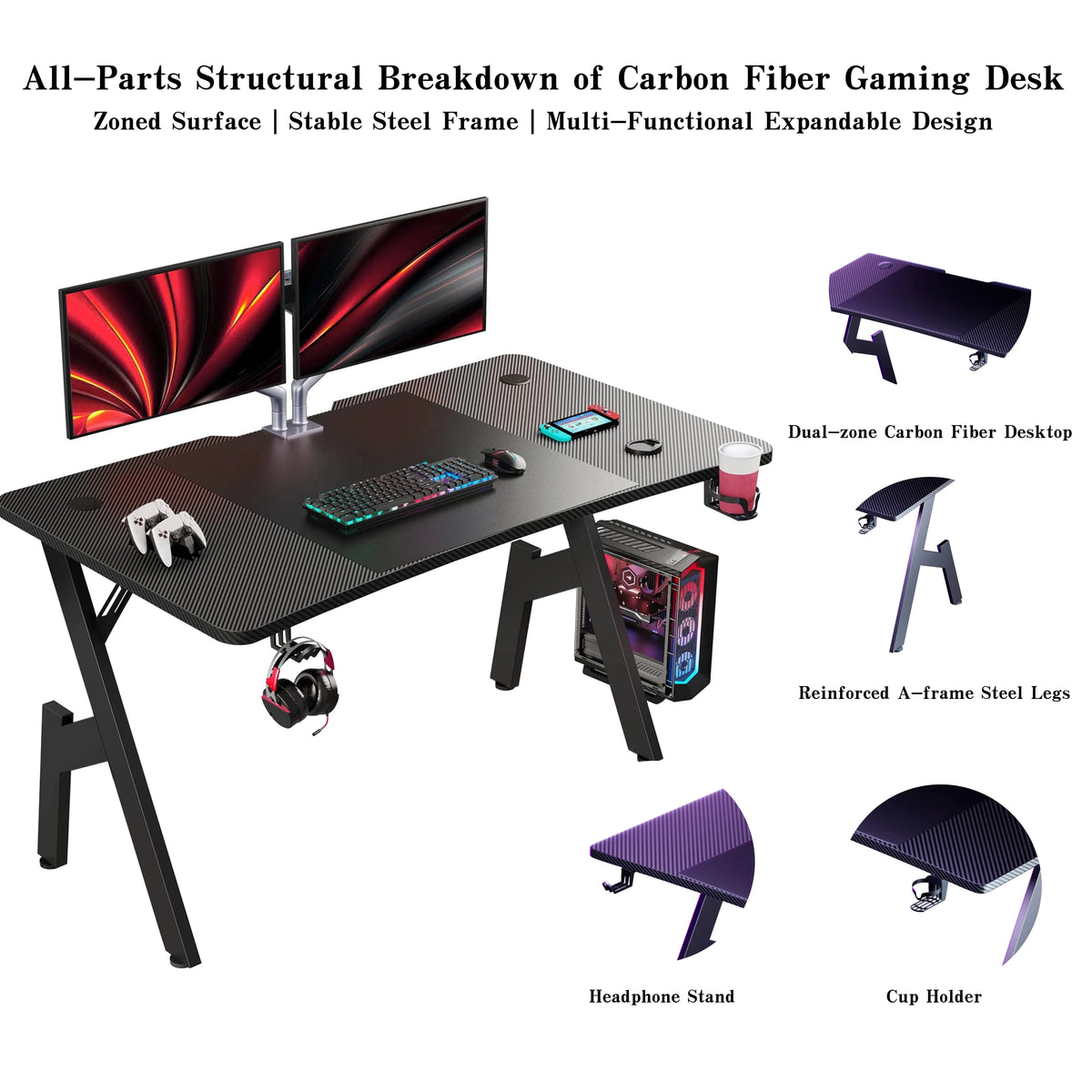 Escritorio gaming de fibra de carbono en forma de A, estación de trabajo ergonómica para ordenador, mesa de oficina en casa con portavasos, gancho para auriculares, estructura de acero estable, fácil de montar y ahorra espacio
