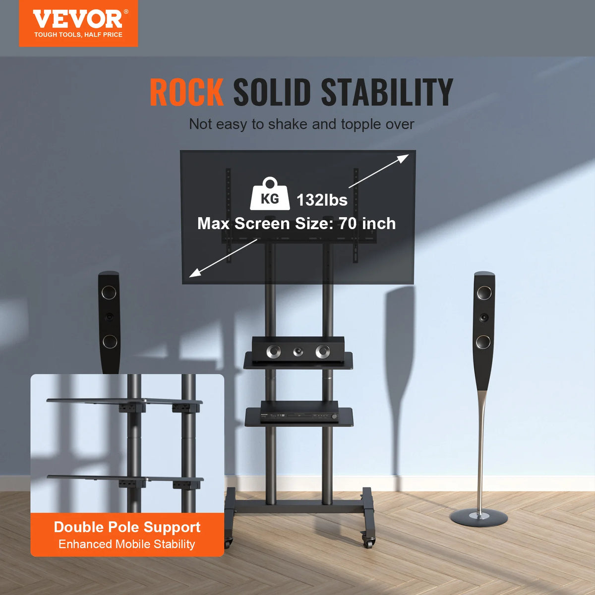 SucceBuy Mobile TV Stand Height Adjustable TV Stand w/ Wheels Double Tray for Audio-Visual Devices Rolling TV Stand for Bedroom