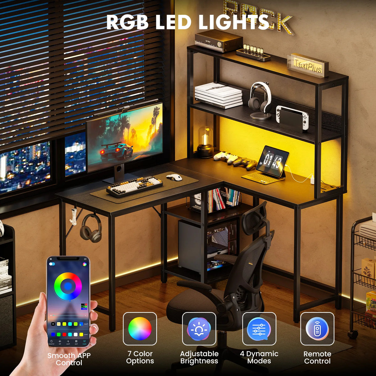 Escritorio para juegos JHK de 53 pulgadas en forma de L con luz LED, escritorio para computadora reversible con estante ajustable, toma de corriente USB, escritorio esquinero con soporte para CPU para oficina en casa