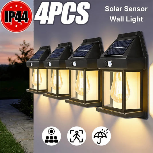4 Pack Of Outdoor Solar Lamp, Outdoor Wall Lamp, IP44 Waterproof And Human Body Induction, Three Lighting Modes, Automatic On/off From Day To Night, Suitable For Courtyard, Garden, Terrace, Fence And Exterior Wall, Festival C