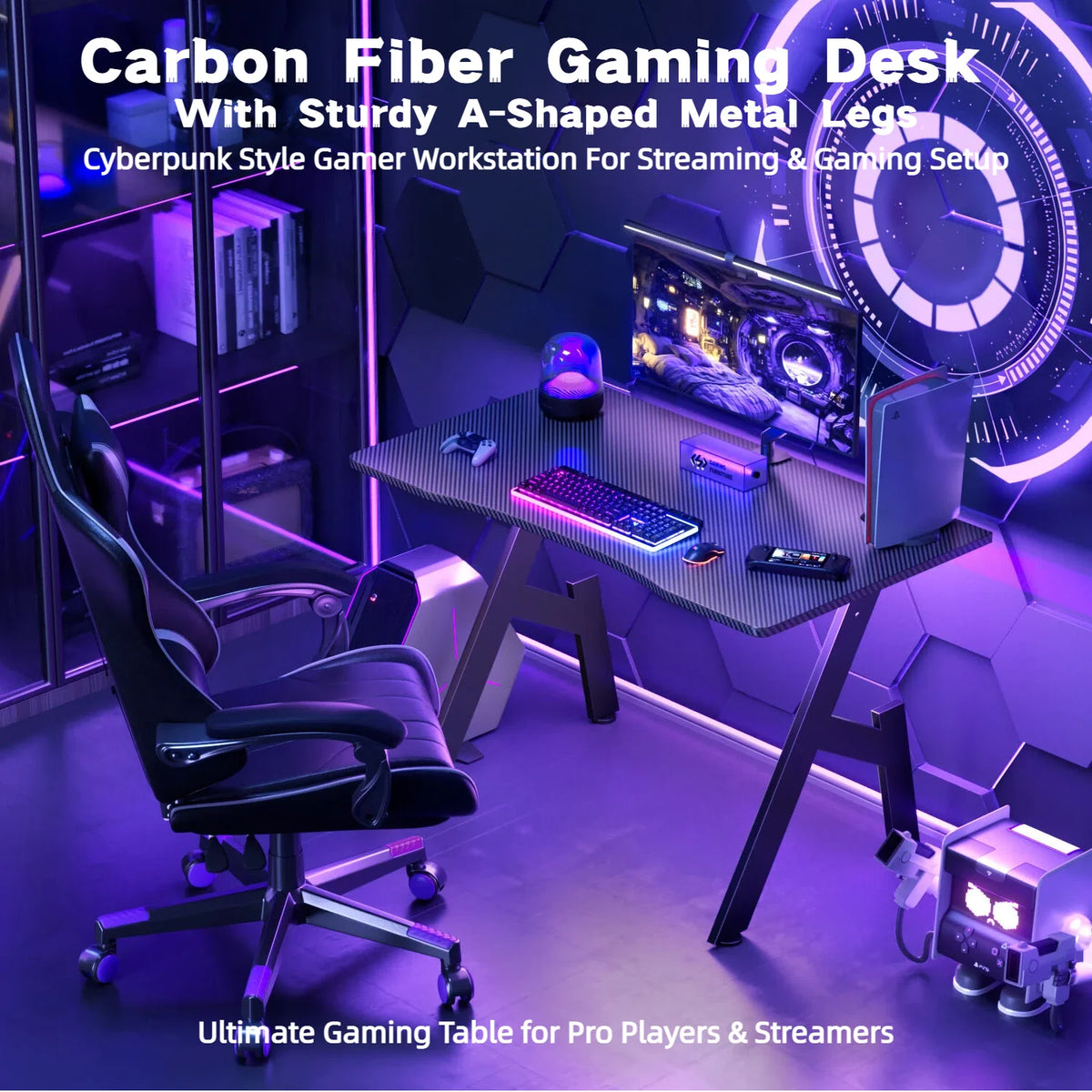 Escritorio gaming de fibra de carbono en forma de A, estación de trabajo ergonómica para ordenador, mesa de oficina en casa con portavasos, gancho para auriculares, estructura de acero estable, fácil de montar y ahorra espacio