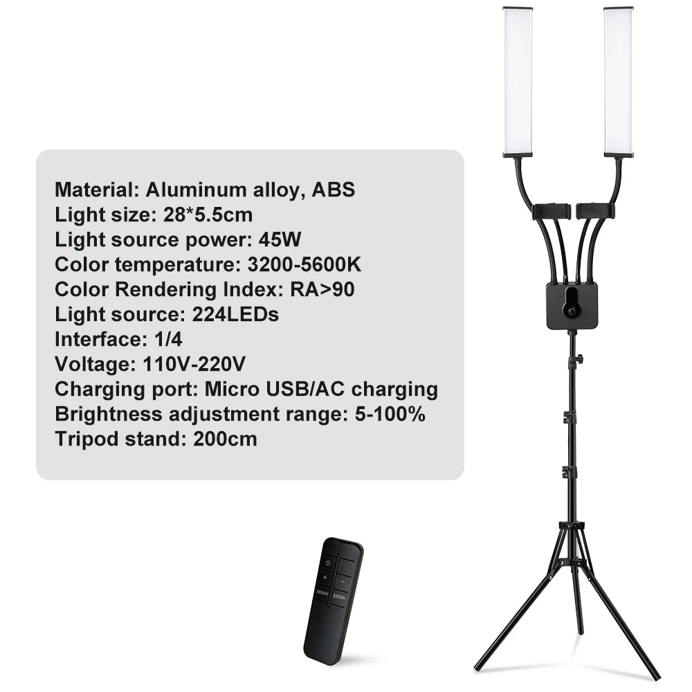 Luz LED de anillo para pestañas con doble brazo, luz de relleno LED para belleza con trípode de 200 cm para maquillaje, vídeo, fotografía de pestañas e iluminación de selfies