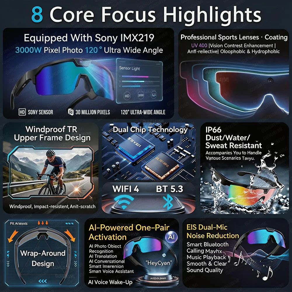 Gafas inteligentes deportivas con cámara 4K HD antivibración, altavoces estéreo 3D, lentes polarizadas UV400, Bluetooth e IA para grabar vídeos en primera persona al aire libre