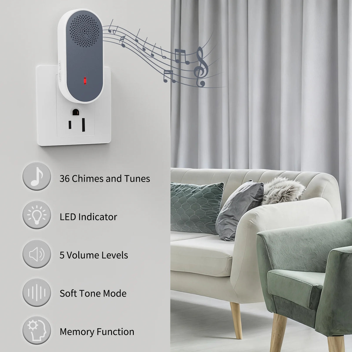 PGST Wireless Doorbell Door Bell Music Melody Remind Smart Home Security Alarm 1000FT 433MHz US Plug 1Doorbell and 2Remote