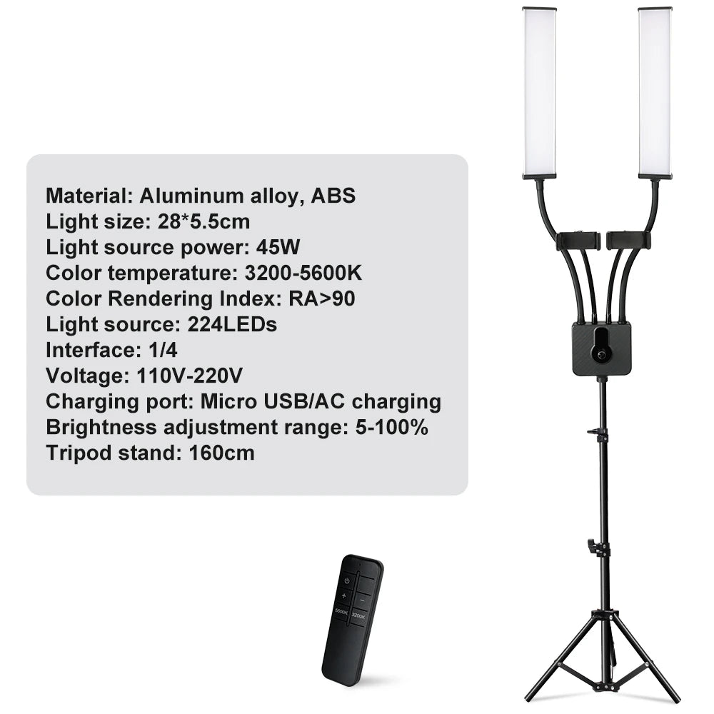 Luz LED de anillo para pestañas con doble brazo, luz de relleno LED para belleza con trípode de 200 cm para maquillaje, vídeo, fotografía de pestañas e iluminación de selfies
