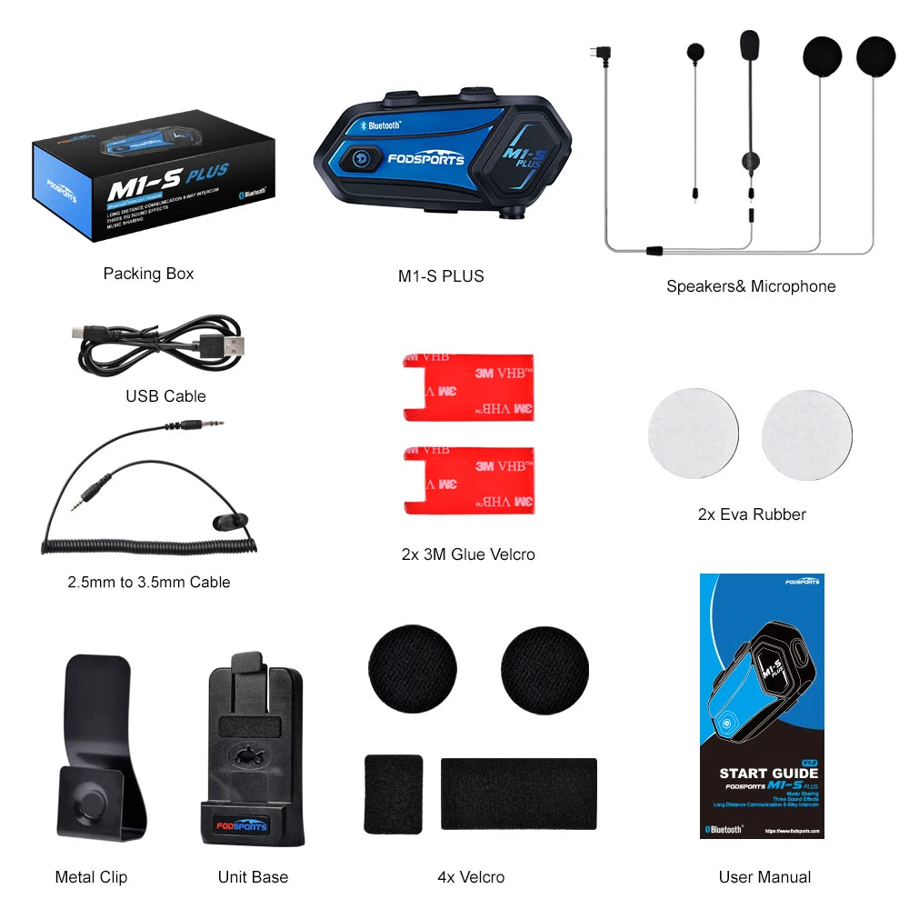 Fodsports M1-S Plus Casco de Motocicleta Intercom Bluetooth Auriculares,Interfono de Moto,8 Pilotos 2000M,Radio FM,Compartir Música.