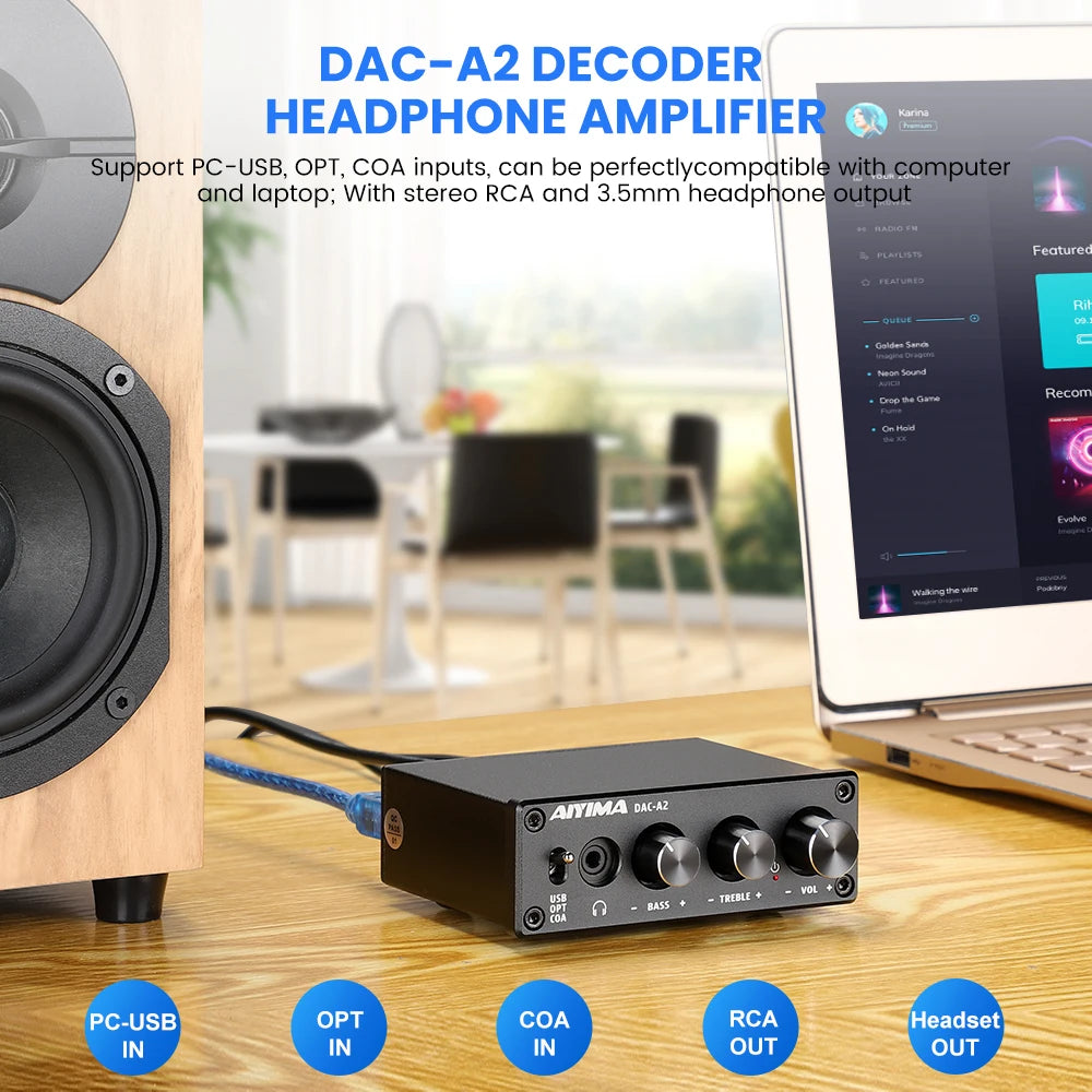 AIYIMA Audio A2 Mini Estéreo USB Decodificador DAC Amplificador de Auriculares Adaptador Conversor para Escritorio Altavoz Activo Alimentado