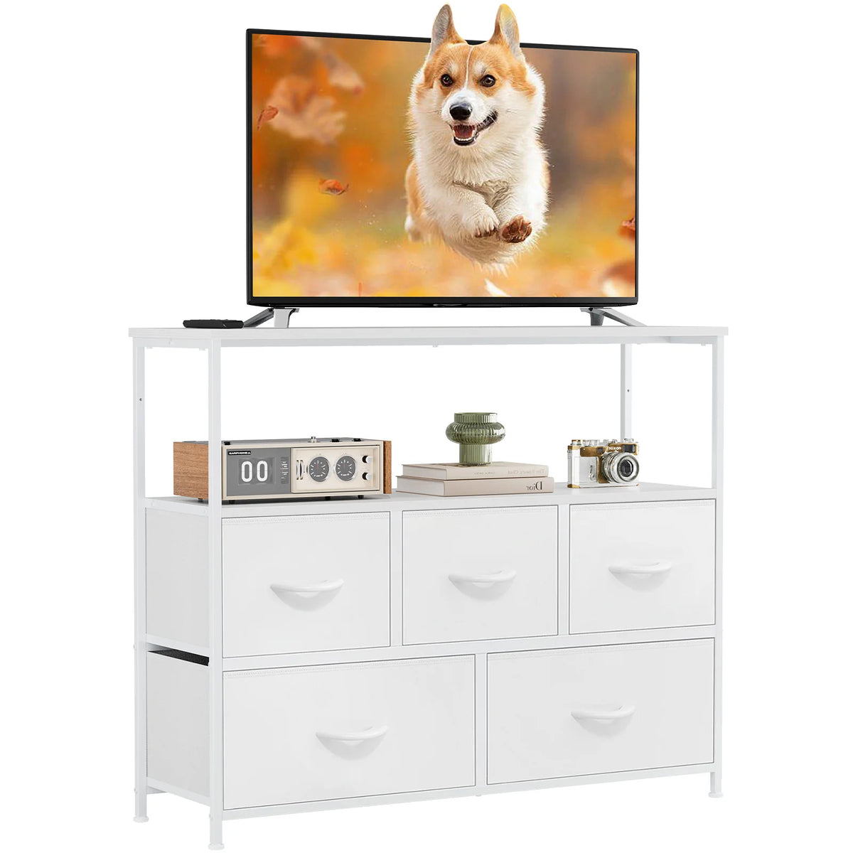 Cómoda soporte para TV MCQ con 5 cajones de almacenamiento de tela, consola multimedia con estante abierto para TV, unidad de entretenimiento compacta para dormitorio, sala de estar u organización de residencia estudiantil