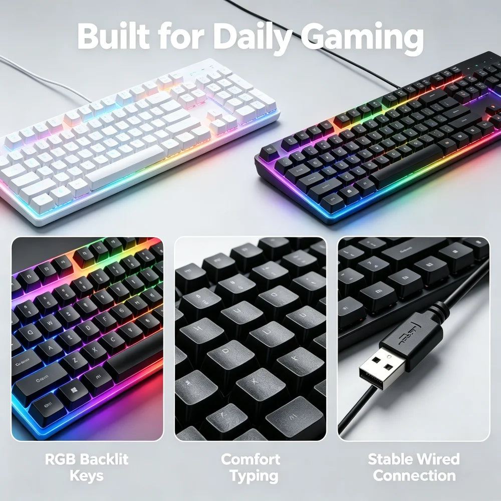 Combo de teclado retroiluminado USB y ratón con cable, kit de teclado mecánico ergonómico y ratón para gaming, accesorios de ordenador plug and play para PC, sobremesa, portátil, hogar y oficina