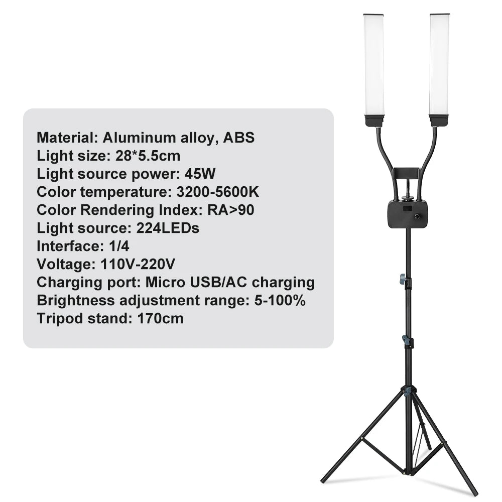 Luz LED de anillo para pestañas con doble brazo, luz de relleno LED para belleza con trípode de 200 cm para maquillaje, vídeo, fotografía de pestañas e iluminación de selfies