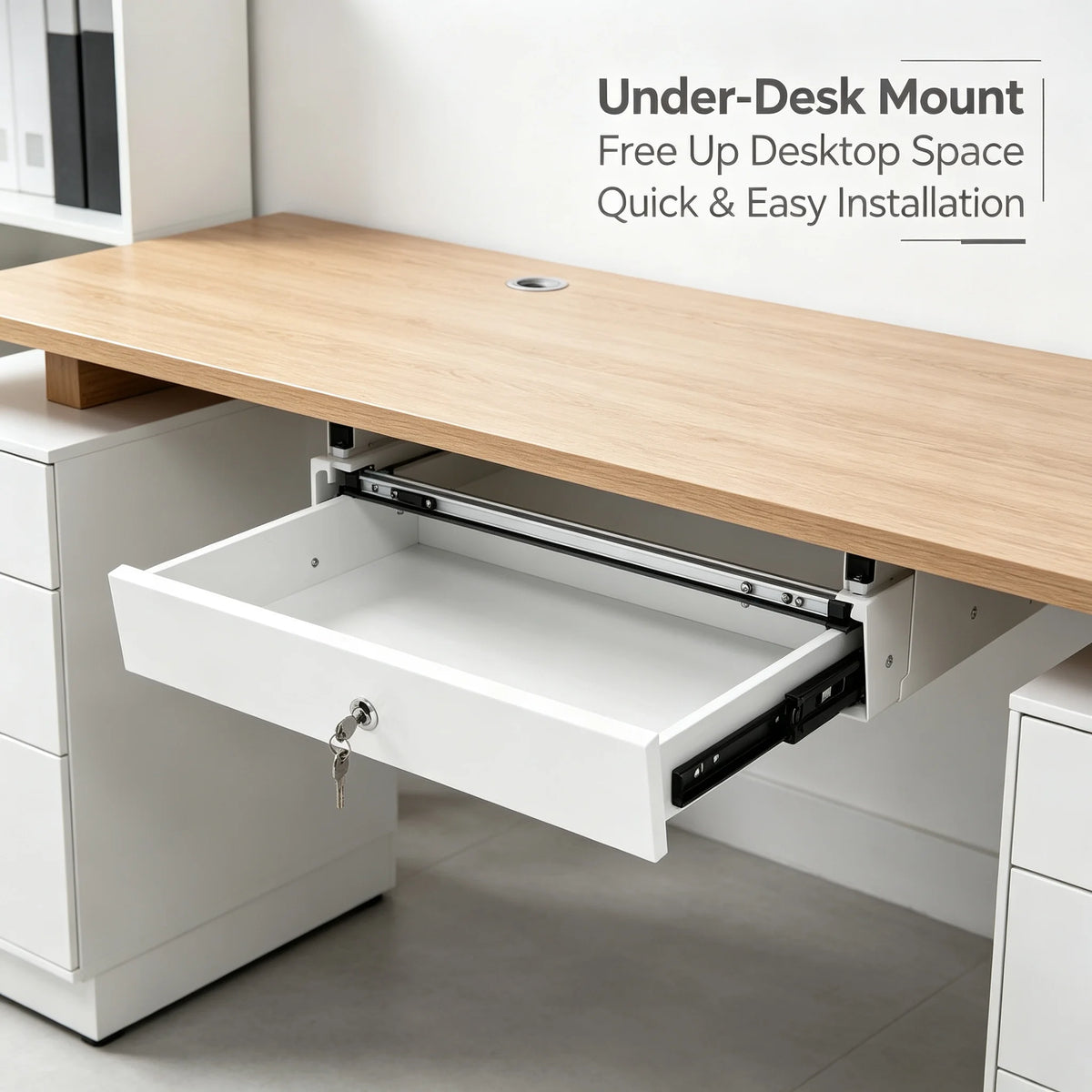 Cajón deslizante con cerradura y soporte para computadora, para colocar debajo del escritorio, organizador de almacenamiento de montaje inferior para escritorios, 18x14x6.9 pulg., blanco