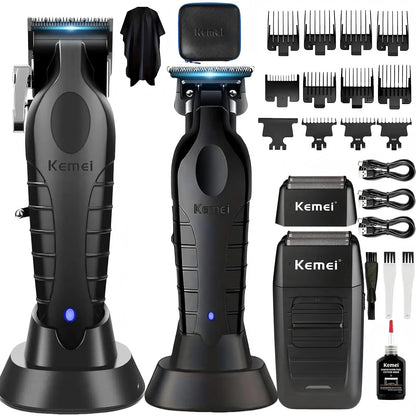 Kemei Set de Corte de Cabello Negro de Tres Piezas KM-2296 2299 1102 con Base de Carga, Cortadora de Cabello Eléctrica, Recortadora de Contornos, Afeitadora de Aclarado, Kit Profesional de Herramientas para Corte de Cabello Completo Recargable por USB