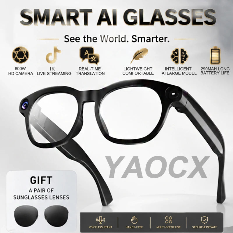 Gafas inteligentes 2026 con cámara de 800 W, audio y vídeo 1080P, traducción en línea, llamadas, asistente de voz y preguntas y respuestas inteligentes, batería de 290 mAh