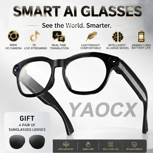 Gafas inteligentes 2026 con cámara de 800 W, audio y vídeo 1080P, traducción en línea, llamadas, asistente de voz y preguntas y respuestas inteligentes, batería de 290 mAh