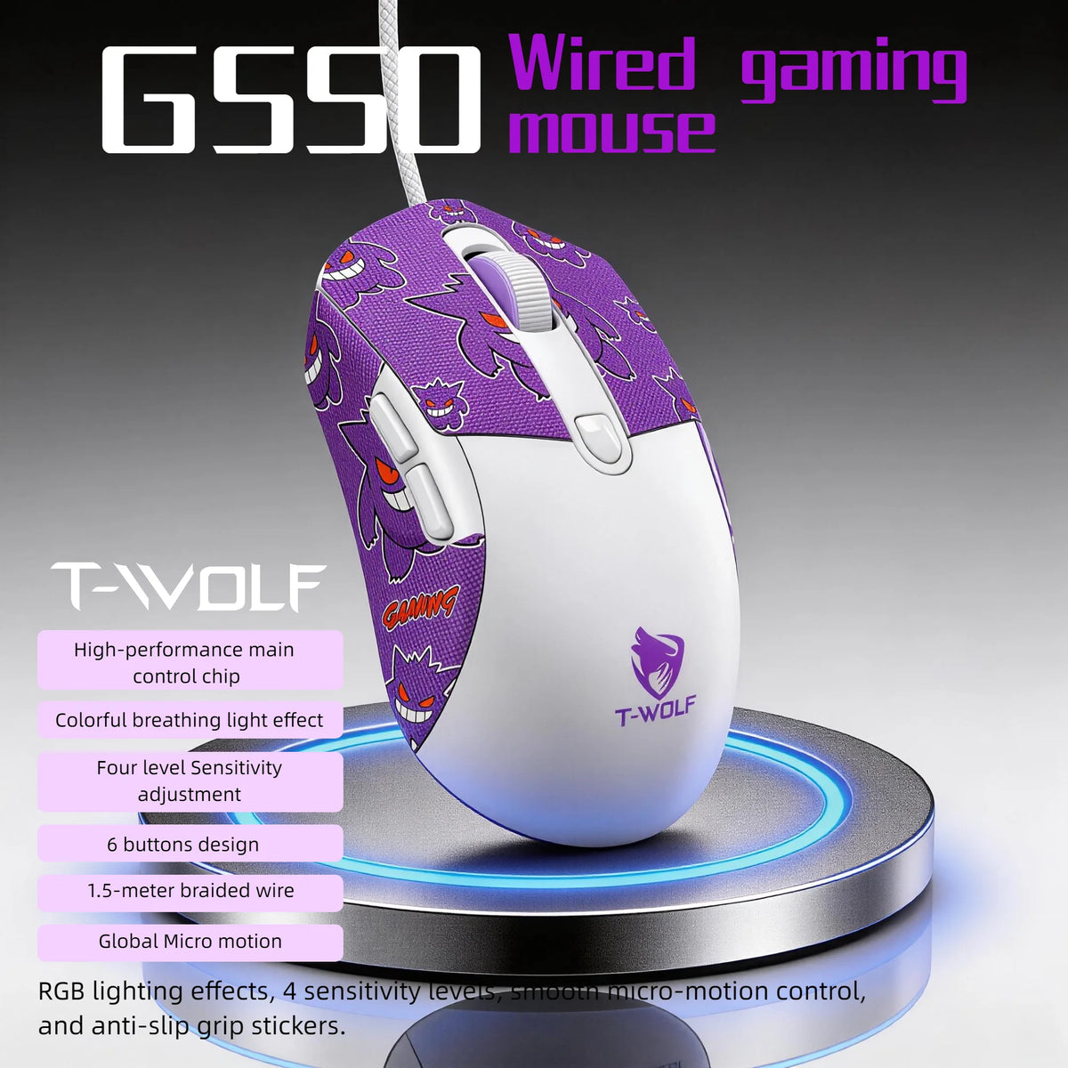 T-WOLF RGB Gaming Mouse Wired 6D Programmable Buttons Ergonomic Gamer Mouse 4 Levels DPI Adjustable Computer Mouse USB Wired Mouse Breathing Light Gaming Mice 1.5m Cable for PC Laptop E-sports Mouse Purple