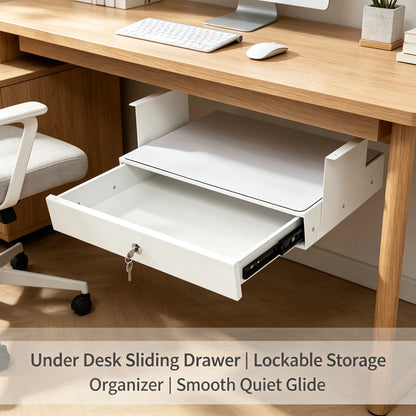 Cajón deslizante con cerradura y soporte para computadora, para colocar debajo del escritorio, organizador de almacenamiento de montaje inferior para escritorios, 18x14x6.9 pulg., blanco