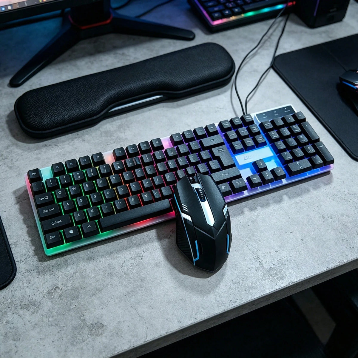 Combo de teclado retroiluminado USB y ratón con cable, kit de teclado mecánico ergonómico y ratón para gaming, accesorios de ordenador plug and play para PC, sobremesa, portátil, hogar y oficina