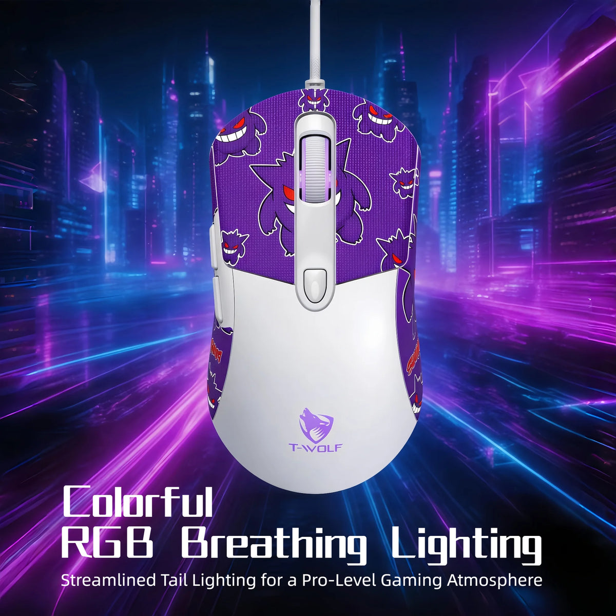 T-WOLF RGB Gaming Mouse Wired 6D Programmable Buttons Ergonomic Gamer Mouse 4 Levels DPI Adjustable Computer Mouse USB Wired Mouse Breathing Light Gaming Mice 1.5m Cable for PC Laptop E-sports Mouse Purple
