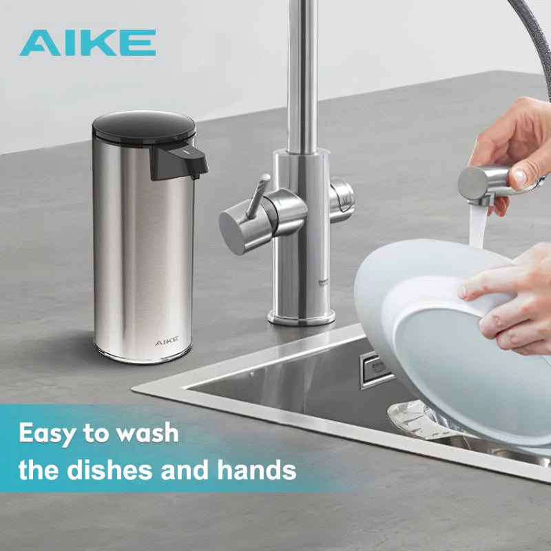 Dispensador automático de jabón AIKE con carga USB, dispensador sin contacto de acero inoxidable para detergente de cocina y jabón de manos para el baño