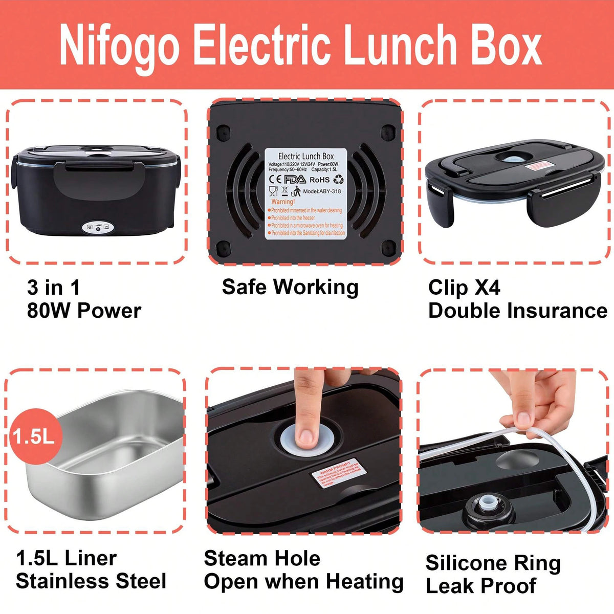 100W Electric Heating Lunch Box 1.5L, 304 Stainless Steel Portable Food Warmer Heater with Insulated Carry Bag, Spoon & Fork, Dual Use for Car 12V / Home 110V Office Travel Meal Container
