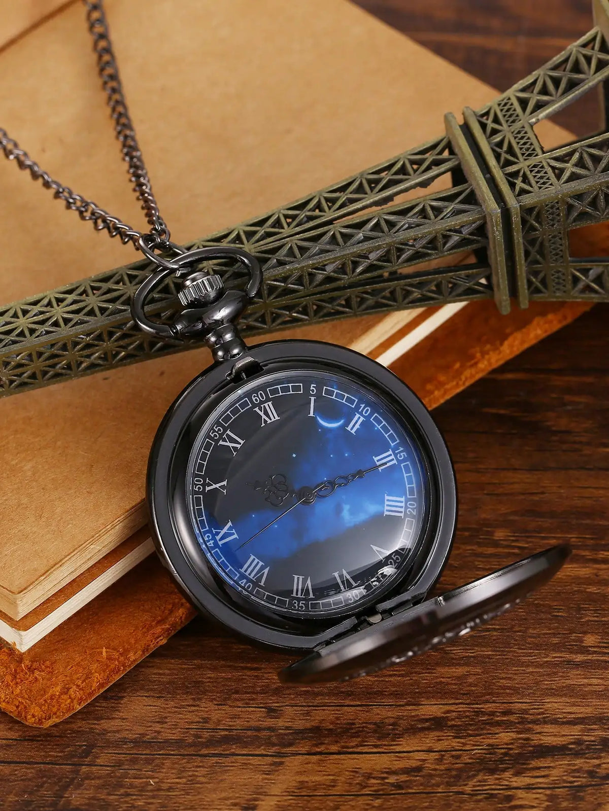 Reloj de bolsillo antiguo de bronce hueco con esfera azul cielo estrellada y cuarzo, reloj de pulsera vintage con números romanos