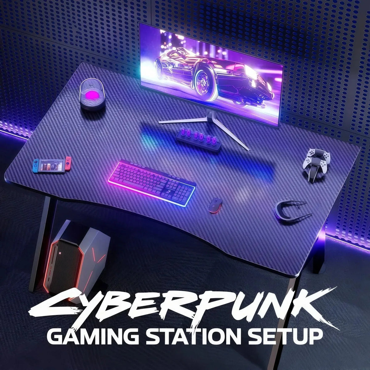 Escritorio gaming de fibra de carbono en forma de A, estación de trabajo ergonómica para ordenador, mesa de oficina en casa con portavasos, gancho para auriculares, estructura de acero estable, fácil de montar y ahorra espacio