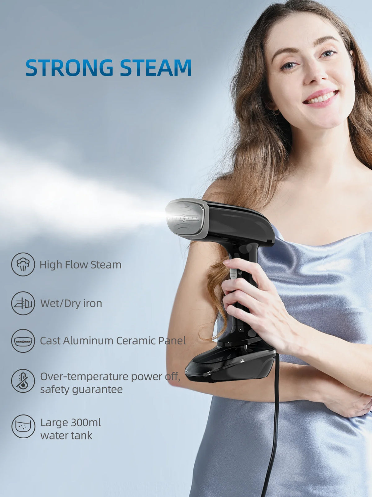 Handheld Garment Steam Iron 1200W Portable Electric Iron, Quick Heating in 30 Seconds, Dual-Use for Dry and Wet Ironing, 20 Minutes Continuous Steam, 300ml Water Tank, Comes with 3 Accessories, Suitable for Home and Travel Us