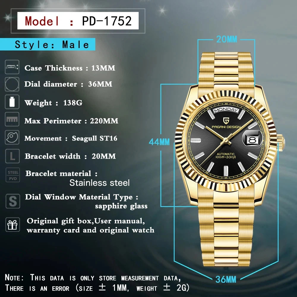 2026 Nuevo PAGANI DESIGN DD36 Reloj mecánico para hombre Dorado Reloj automático de lujo para hombre Cristal de zafiro antirreflejante Resistente al agua Regalo
