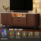 Mueble de TV acanalado de 70 pulgadas para televisores de hasta 80", consola moderna de mediados de siglo en forma de frijol con USB/toma de corriente, luces LED y almacenamiento - para sala de estar, dormitorio (negro/nogal)