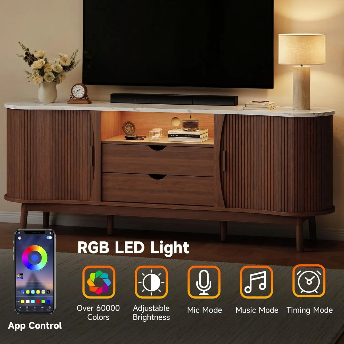 Mueble de TV acanalado de 70 pulgadas para televisores de hasta 80", consola moderna de mediados de siglo en forma de frijol con USB/toma de corriente, luces LED y almacenamiento - para sala de estar, dormitorio (negro/nogal)