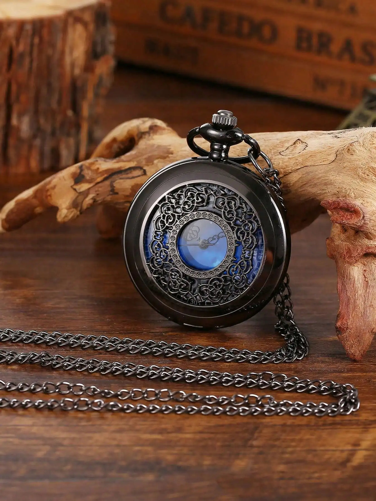 Reloj de bolsillo antiguo de bronce hueco con esfera azul cielo estrellada y cuarzo, reloj de pulsera vintage con números romanos