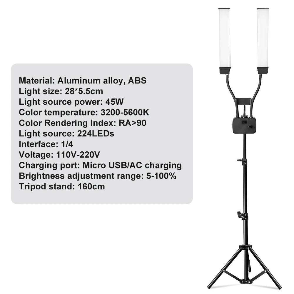 Luz LED de anillo para pestañas con doble brazo, luz de relleno LED para belleza con trípode de 200 cm para maquillaje, vídeo, fotografía de pestañas e iluminación de selfies
