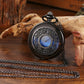 Reloj de bolsillo antiguo de bronce hueco con esfera azul cielo estrellada y cuarzo, reloj de pulsera vintage con números romanos
