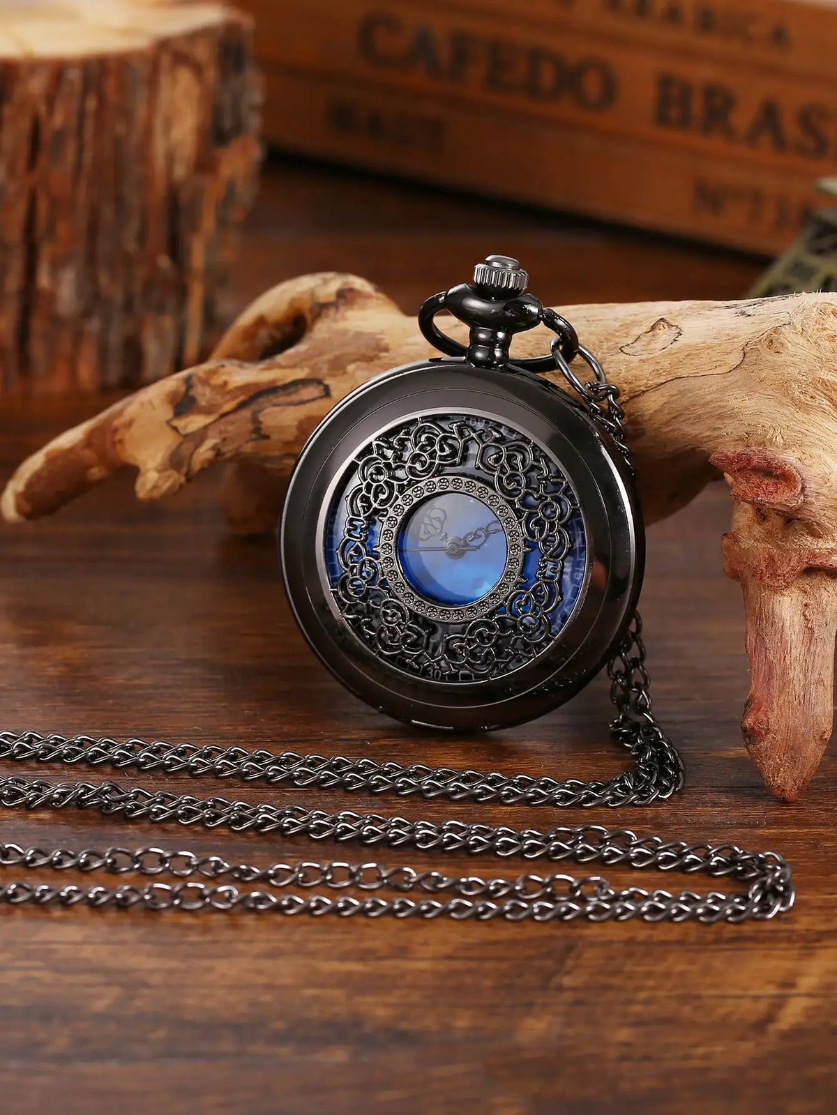 Reloj de bolsillo antiguo de bronce hueco con esfera azul cielo estrellada y cuarzo, reloj de pulsera vintage con números romanos