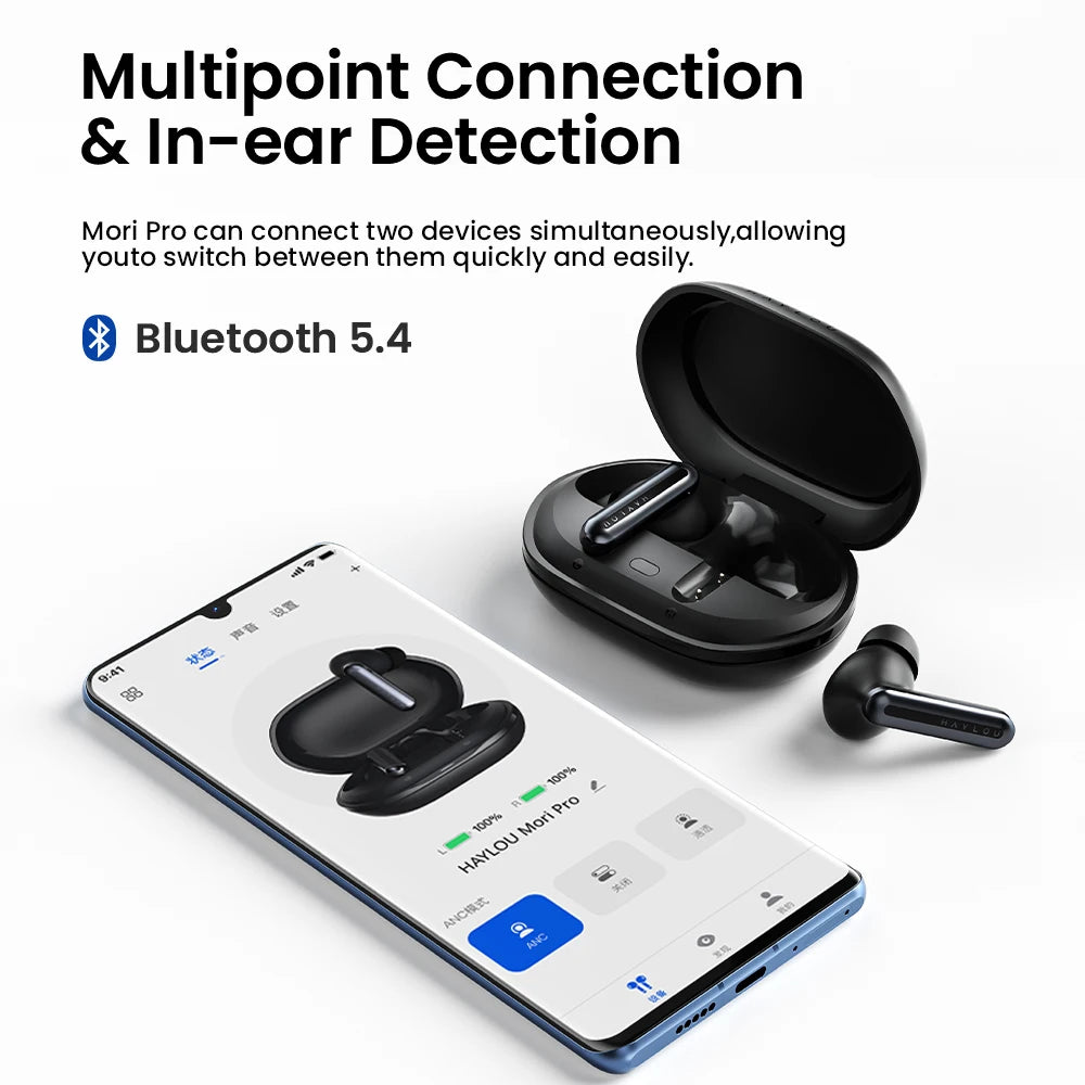 Auriculares Bluetooth 5.4 HAYLOU Mori Pro - Auriculares con cancelación activa de ruido ANC de 43 dB, 6 micrófonos, conexión inalámbrica y 35 horas de autonomía de batería
