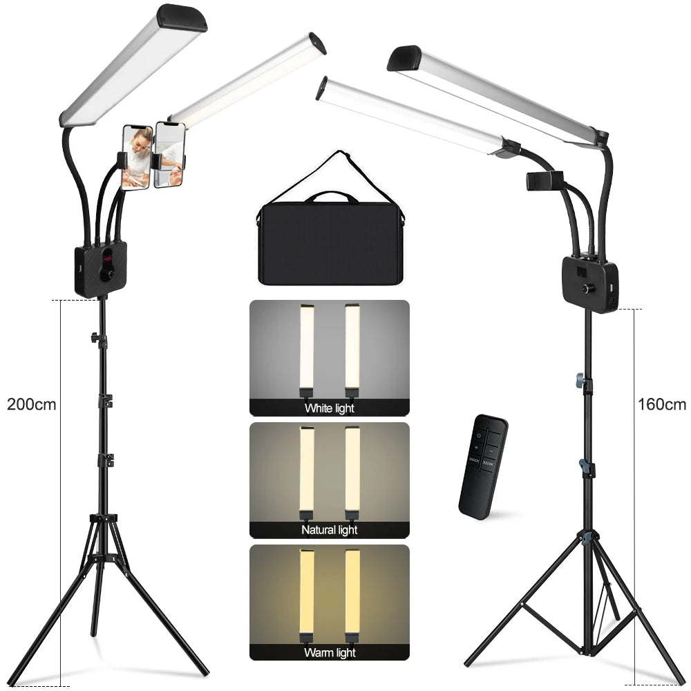 Luz LED de anillo para pestañas con doble brazo, luz de relleno LED para belleza con trípode de 200 cm para maquillaje, vídeo, fotografía de pestañas e iluminación de selfies
