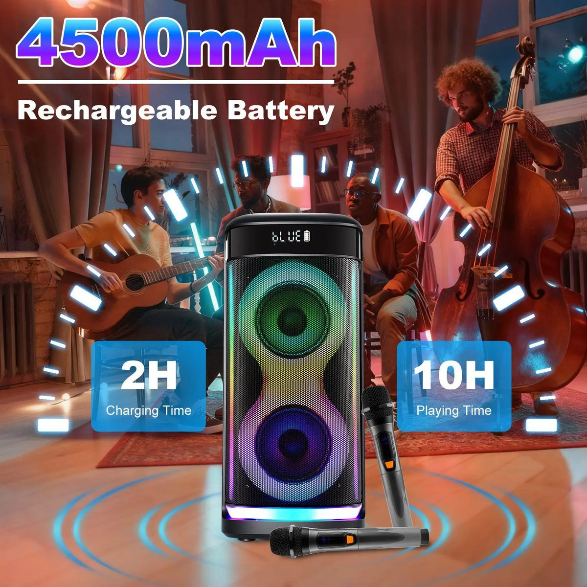 Black Portable for 5.0 Party Speaker LED Light Display Screen Mic Remote Control TWS Treble Bass Echo 10-15 Hours Playtime
