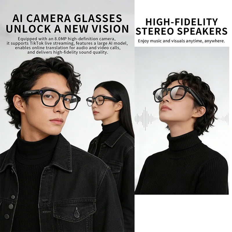 Gafas inteligentes 2026 con cámara de 800 W, audio y vídeo 1080P, traducción en línea, llamadas, asistente de voz y preguntas y respuestas inteligentes, batería de 290 mAh