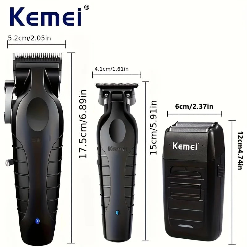 Kemei Set de Corte de Cabello Negro de Tres Piezas KM-2296 2299 1102 con Base de Carga, Cortadora de Cabello Eléctrica, Recortadora de Contornos, Afeitadora de Aclarado, Kit Profesional de Herramientas para Corte de Cabello Completo Recargable por USB