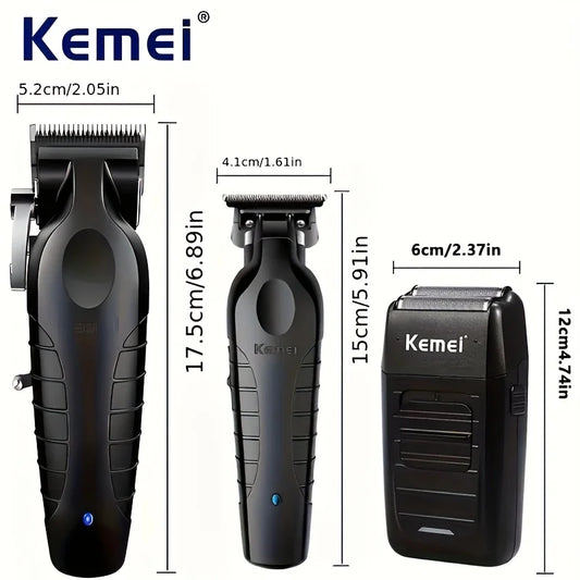 Kemei Black Haircut Three-Piece Set KM-2296 2299 1102 with Charging Base Electric Hair Clipper, Engraving Trimmer, Whitening Shaver, USB Rechargeable Professional Salon Full Haircut Tool Kit